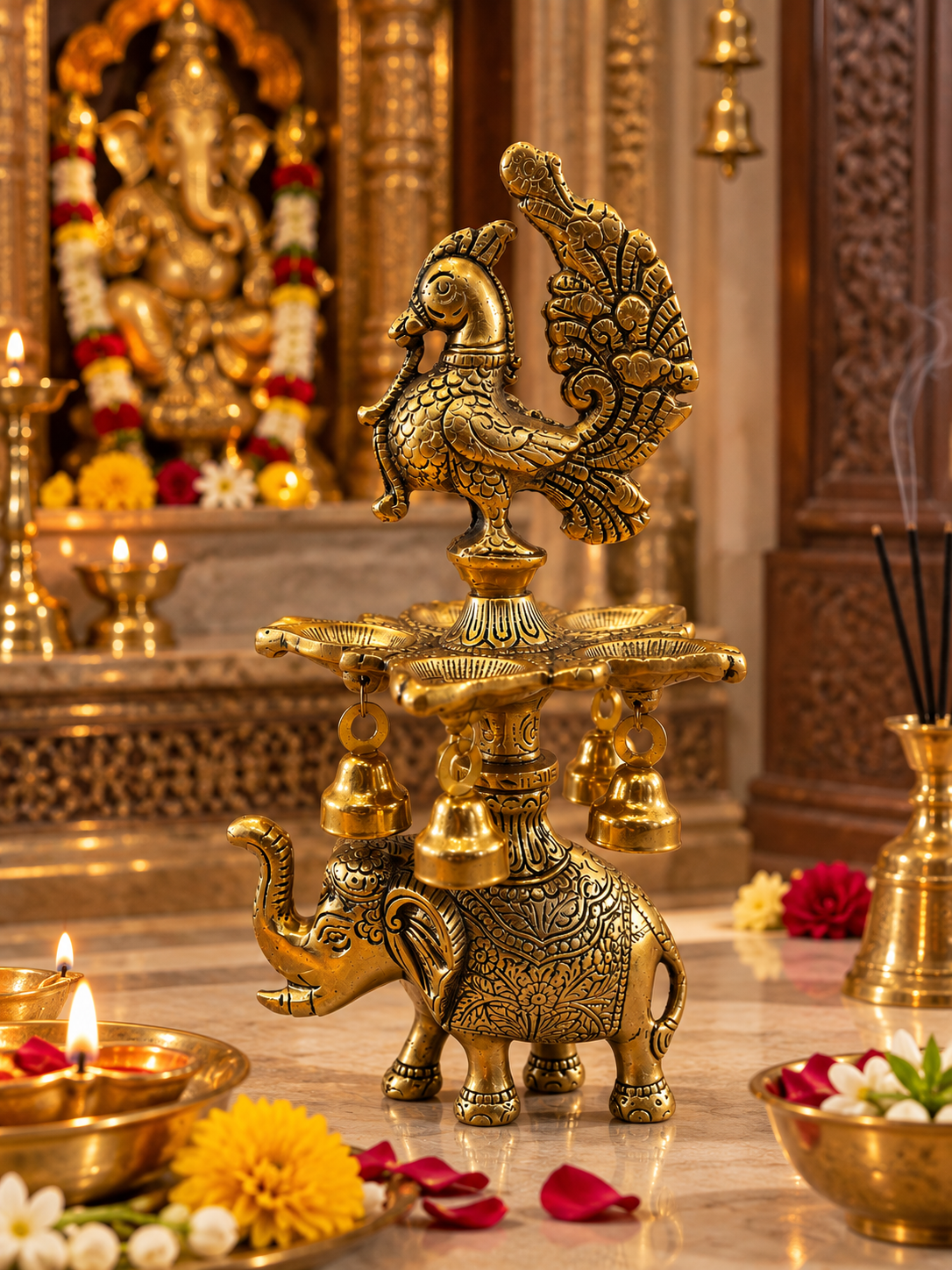 Royal Elephant & Peacock Diya with Hanging Bells – Antique Gold