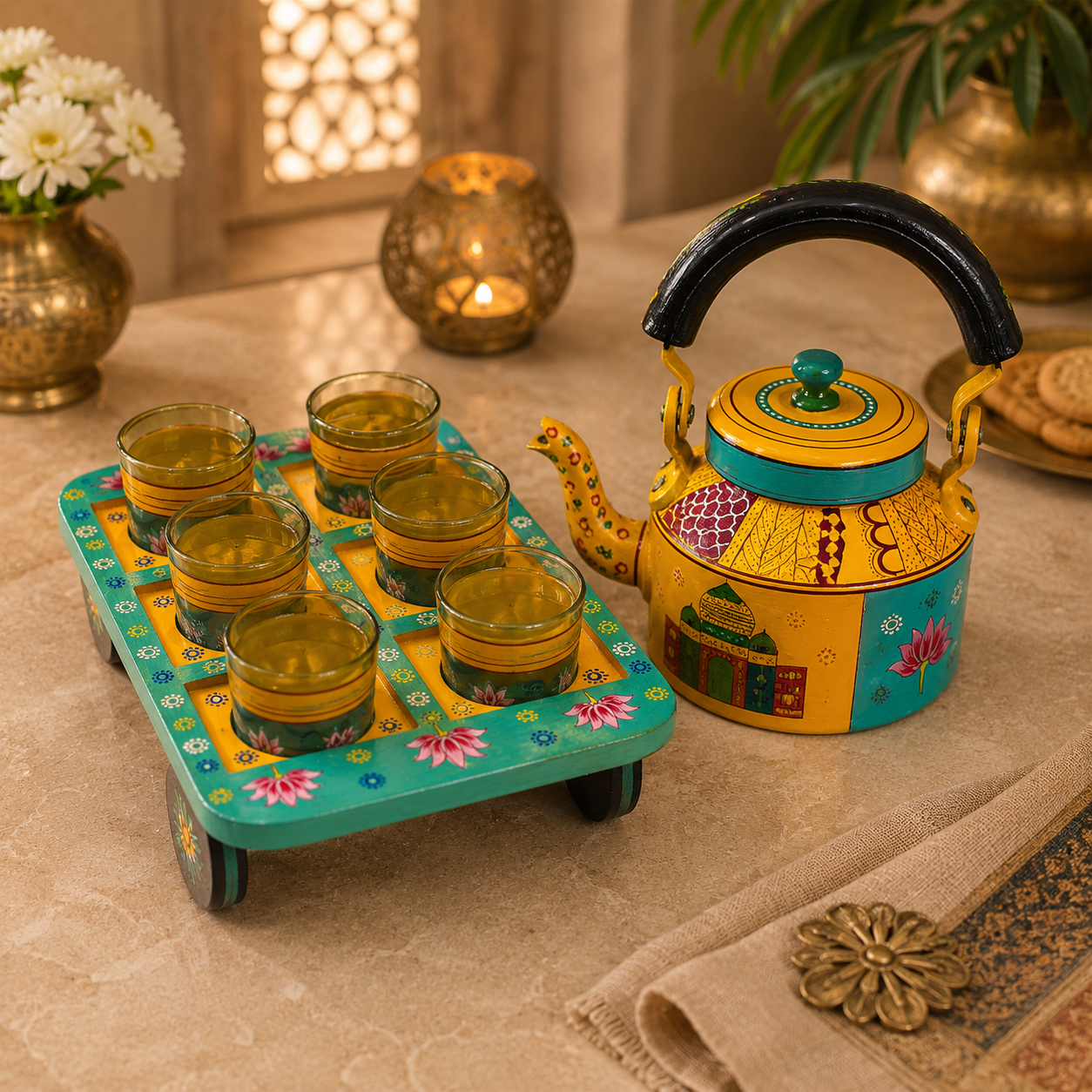 Royal Indian Folk Art Tea Kettle & 6 Glass Set with Handcrafted Wooden Serving Tray