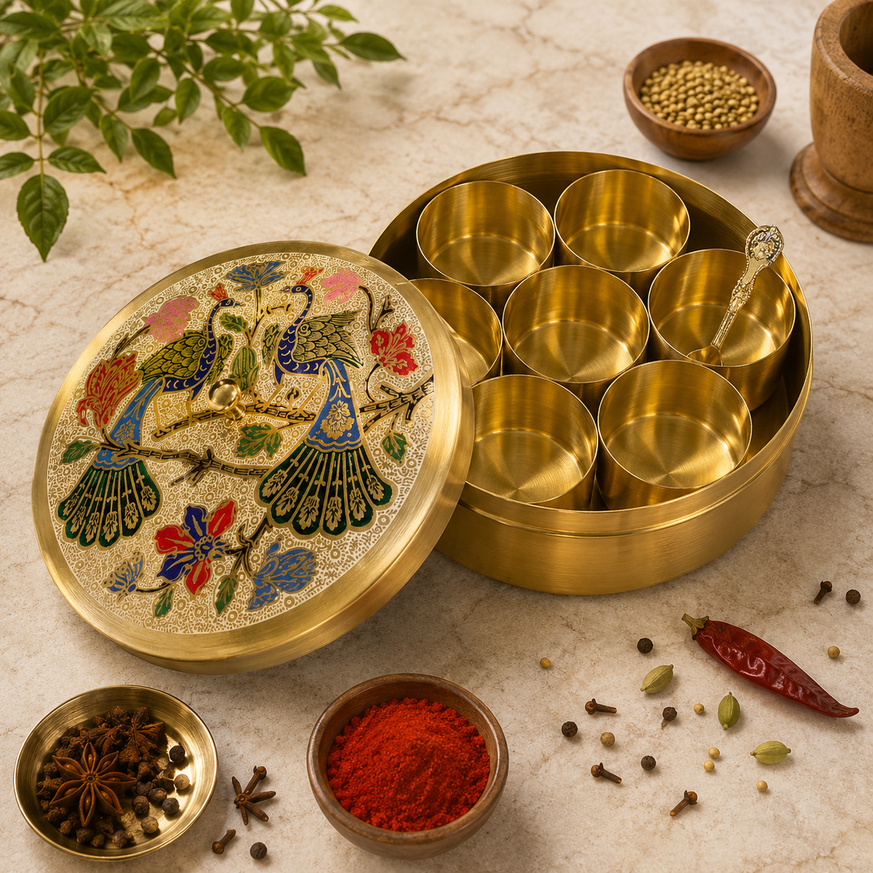 Handcrafted Brass Peacock Masala Box.