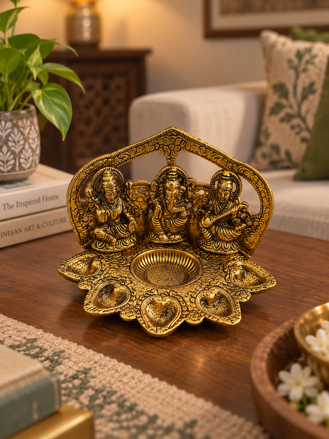Divine Lakshmi Ganesha Saraswati Multi Diya – Antique Gold