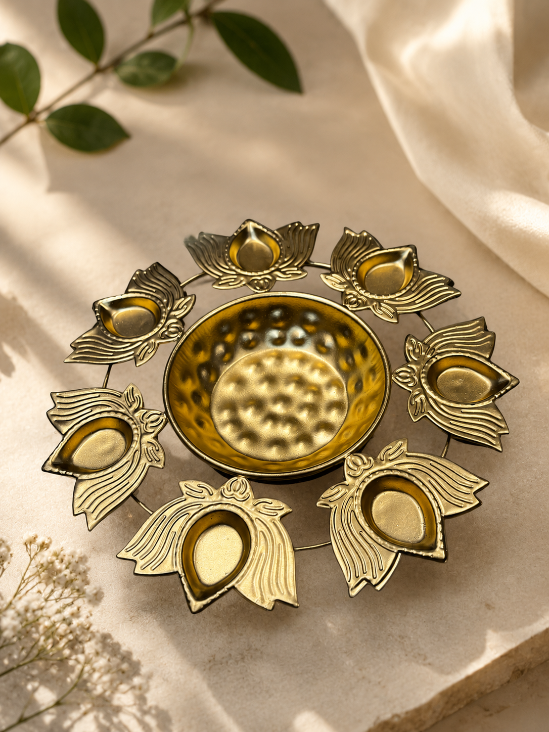 Golden Lotus Diya Urli Centerpiece with 8 Tealight Holders