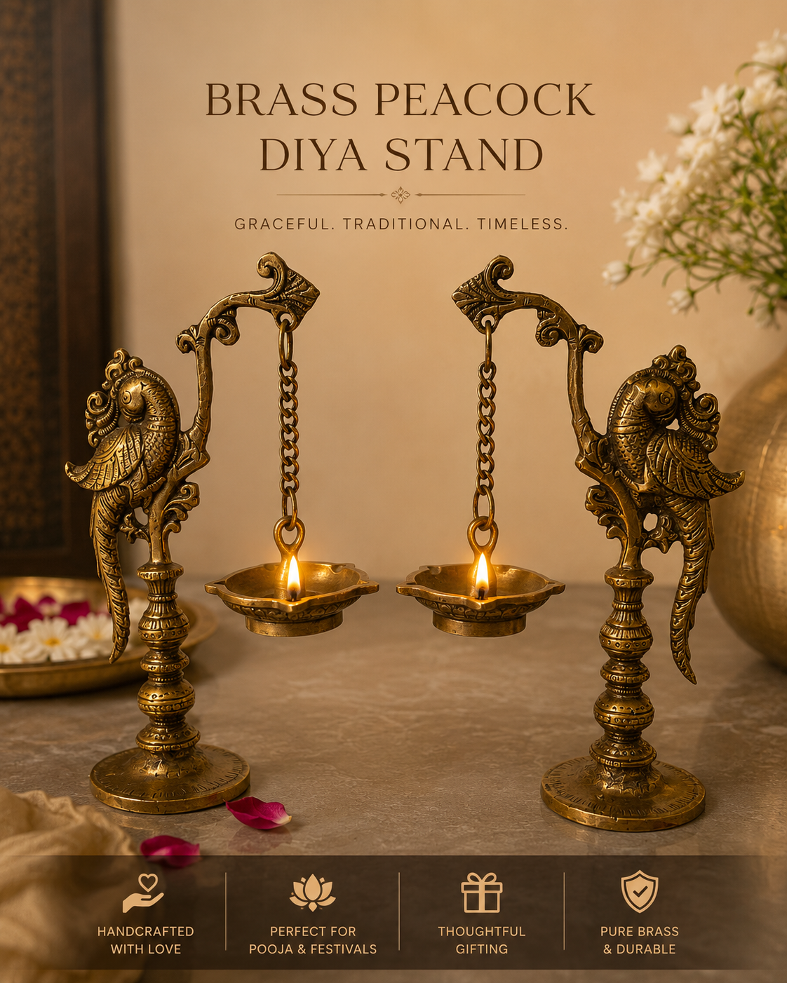 Mayura Heritage Brass Peacock Diya Stand Pair