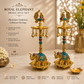 German Silver Hand-Engraved Peacock Samai/Diya with Elephant Base & Brass-Plated Plate | Traditional Indian Oil Lamp. Set of 2
