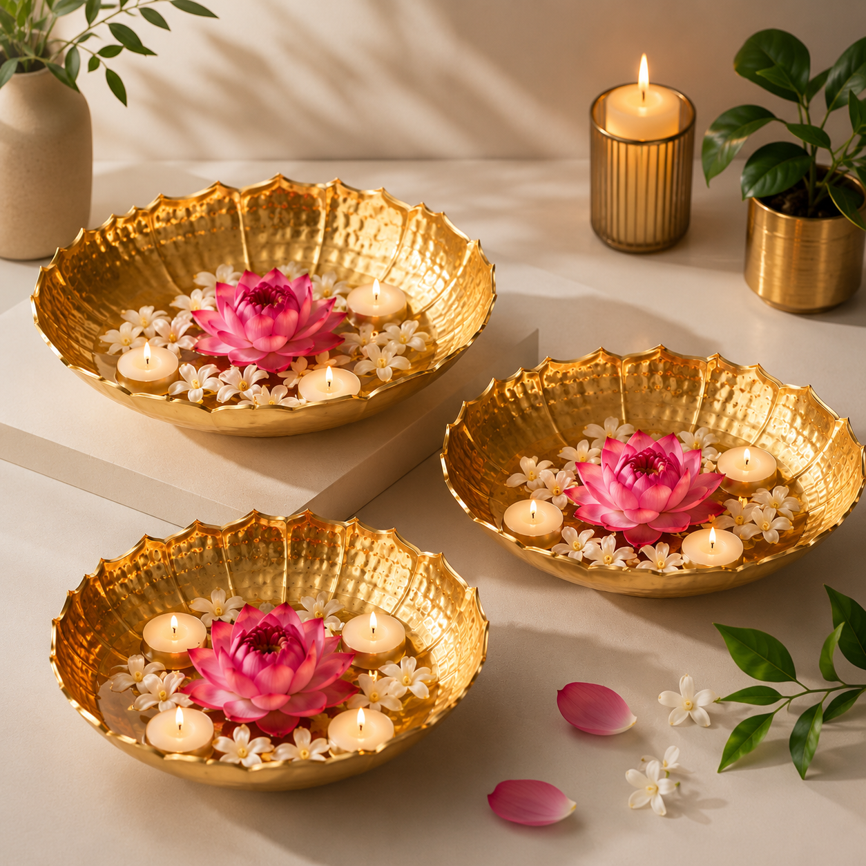Golden Lotus Trio – Reflective Water Bowls for Modern Home Decor