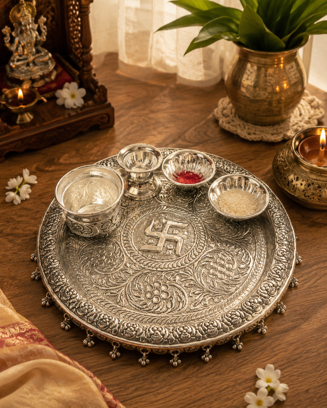 Aaradhya Heritage German Silver Pooja Thali Set