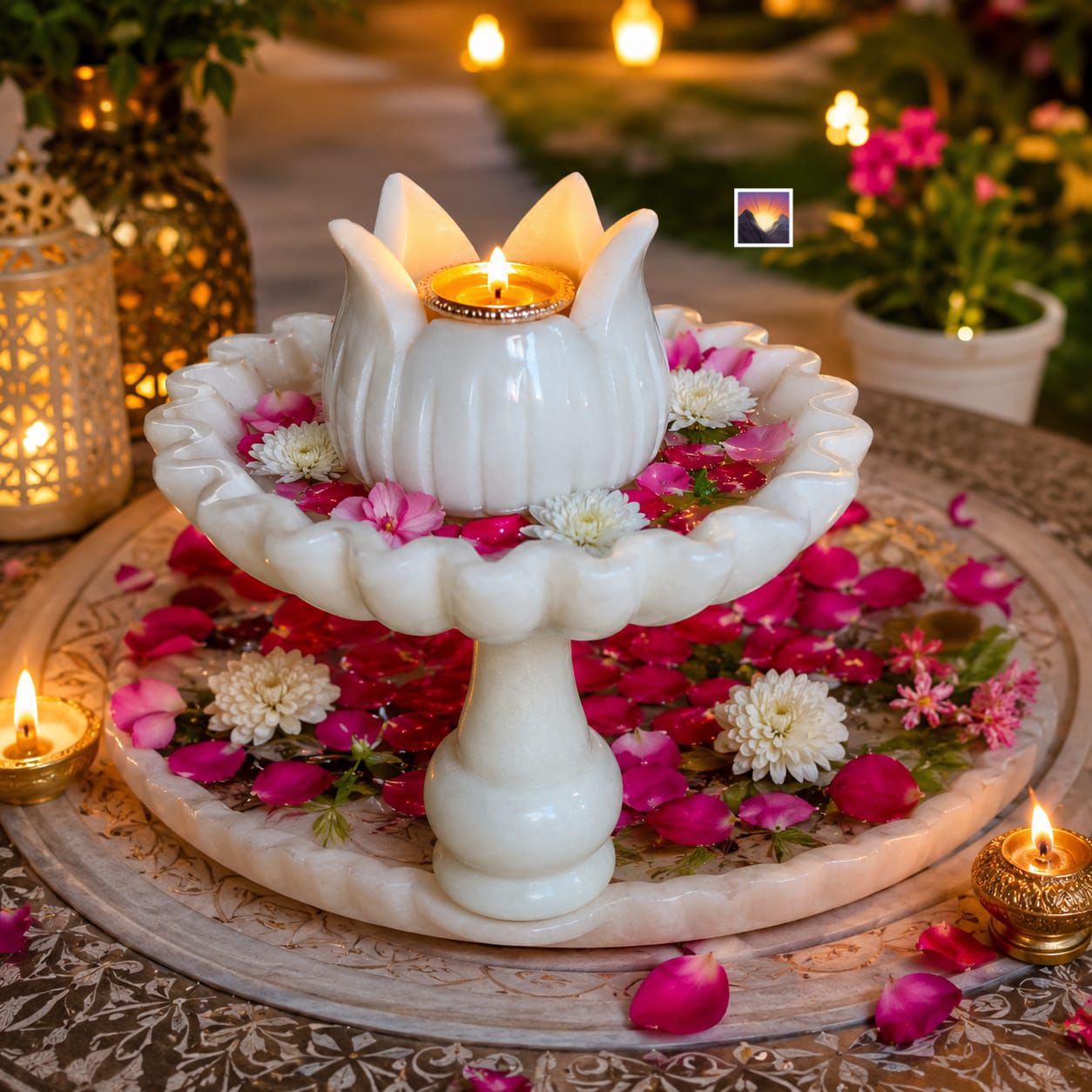 Luxury White Marble Lotus Urli Bowl with Pedestal Stand – Floating Candle & Flower Centerpiece for Elegant Home Décor