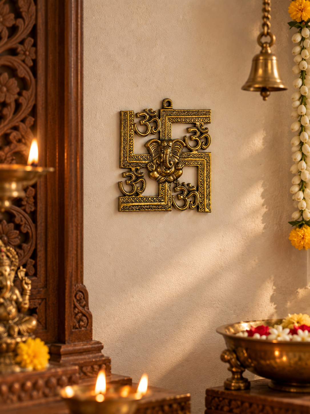 Divine Ganesha & Om Wall Hanging – Antique Gold Auspicious Décor