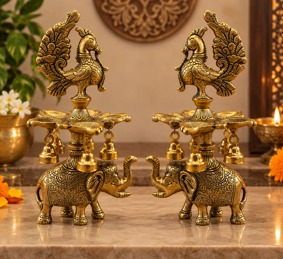 Royal Elephant & Peacock Diya with Hanging Bells – Antique Gold