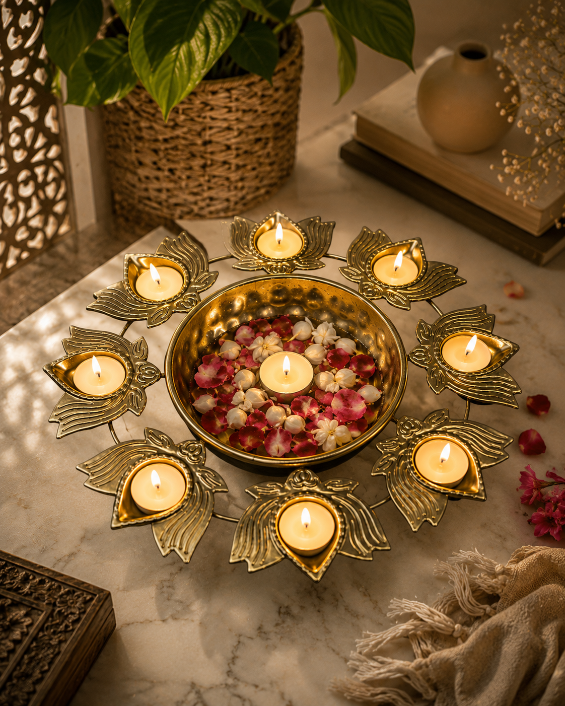 Golden Lotus Diya Urli Centerpiece with 8 Tealight Holders