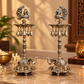 German Silver Hand-Engraved Peacock Samai/Diya with Elephant Base & Brass-Plated Plate | Traditional Indian Oil Lamp. Set of 2