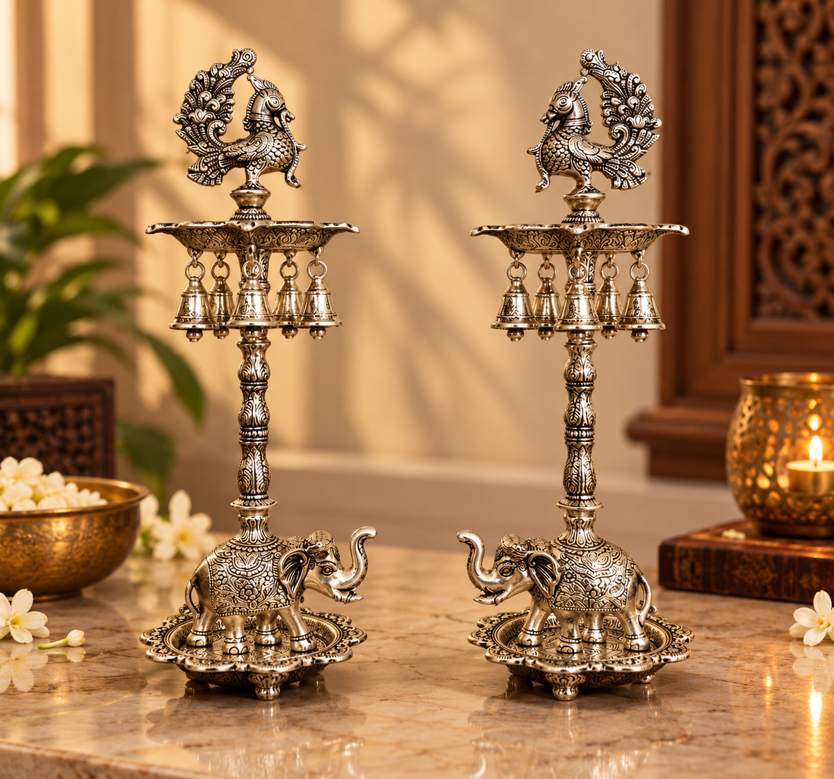 German Silver Hand-Engraved Peacock Samai/Diya with Elephant Base & Brass-Plated Plate | Traditional Indian Oil Lamp. Set of 2