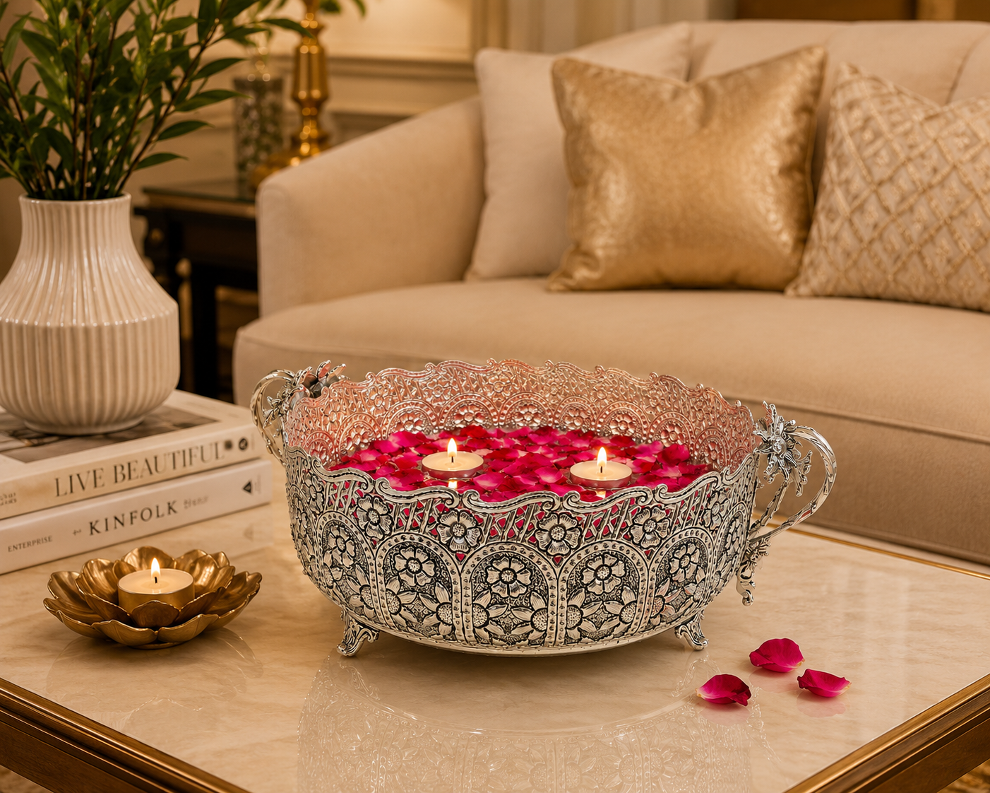 Royal Heritage German Silver Urli Bowl – Handcrafted Floral Centerpiece for Luxury Home Styling