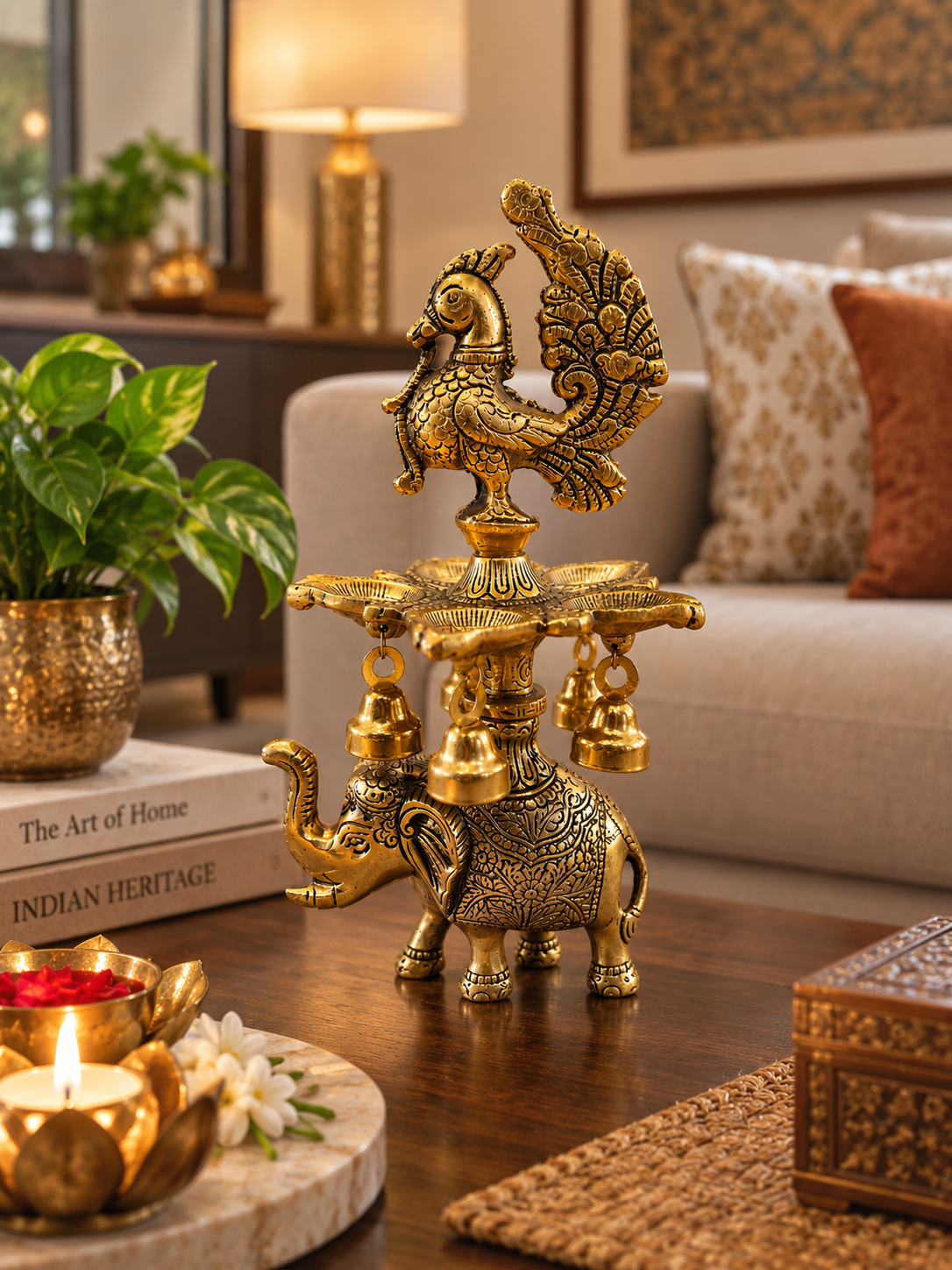Royal Elephant & Peacock Diya with Hanging Bells – Antique Gold