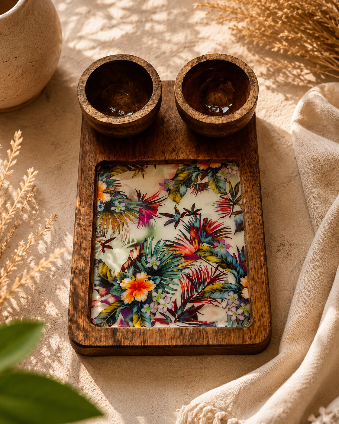 Elegant Wood & Resin 7-Piece Platter Set – Artisanal Serving Collection