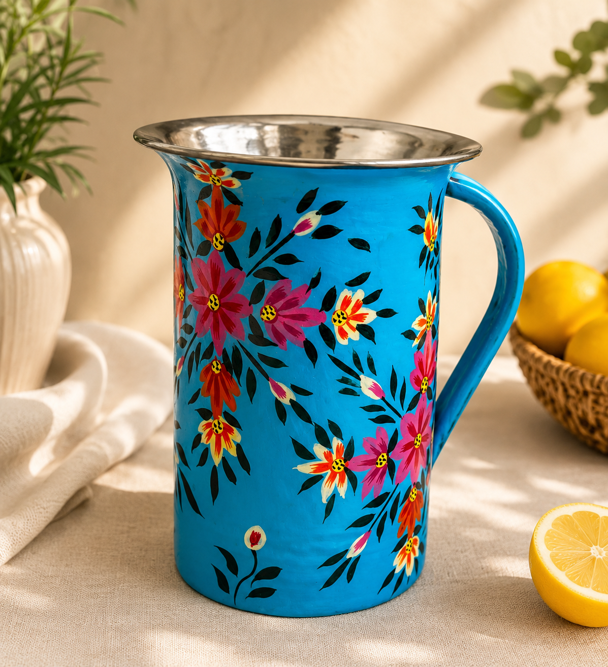 Hand-Painted Blue Floral Jug & Glass Set