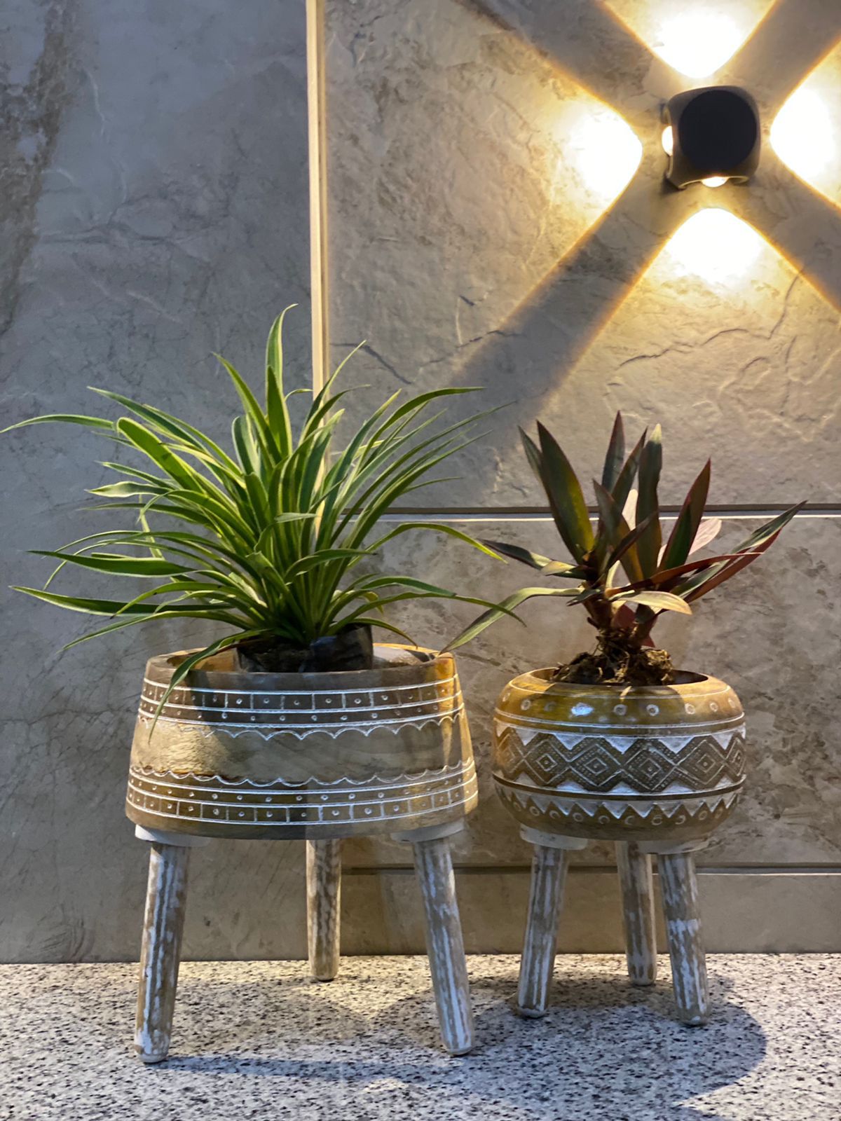 mango wood plant pot Hand carved and hand painted wooden Planter. Set of 2. Mango wood plan – ElementsByAnupa