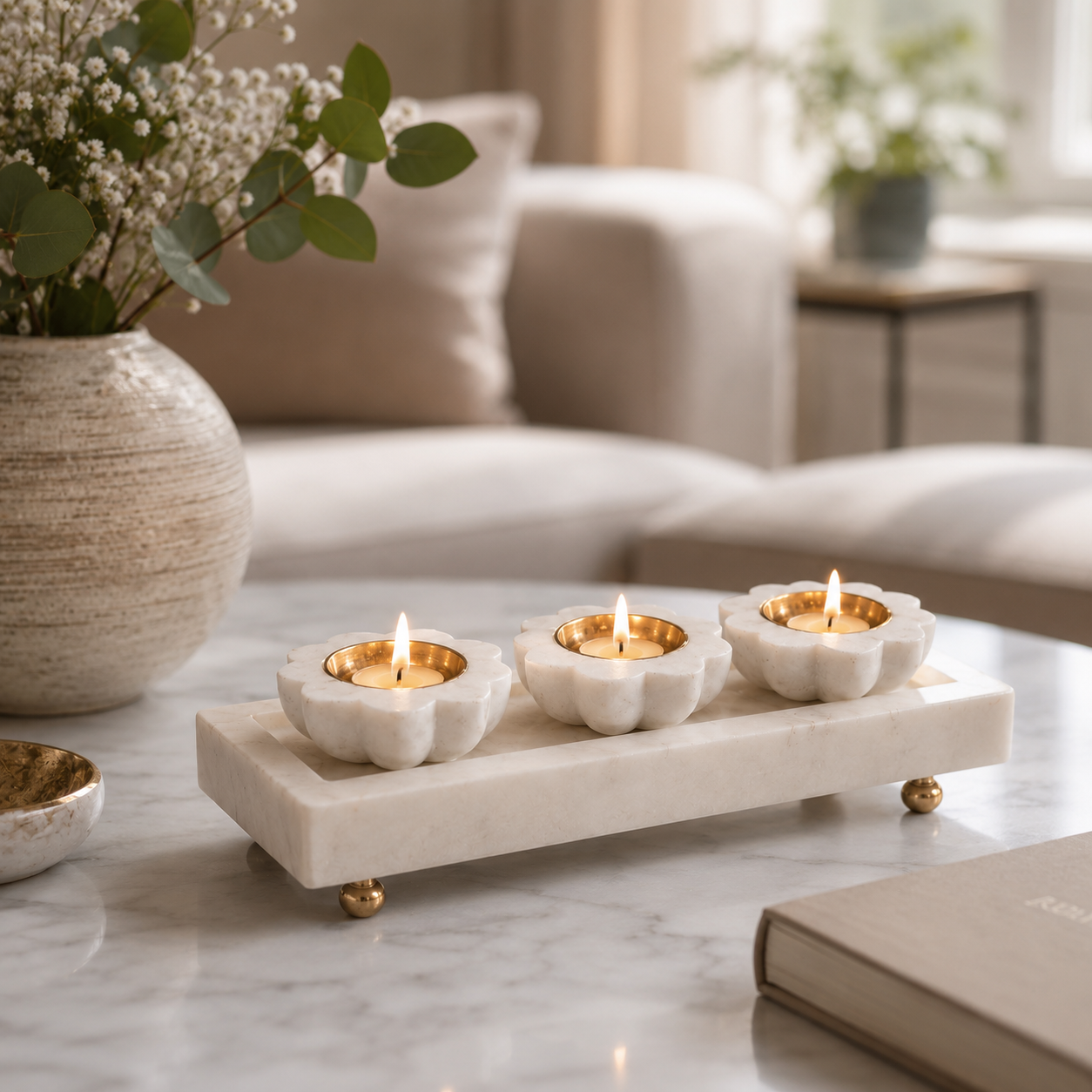 Lotus Marble Diya Set with Tray