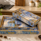 Luxury Blue Decorative Serving Tray Set of 3 with Gold Accents | Handmade Coffee Table & Ottoman Trays