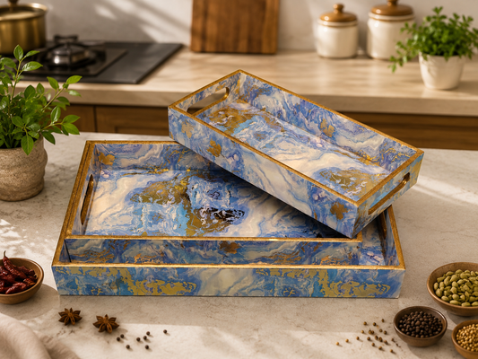 Luxury Blue Marble Decorative Serving Tray Set of 3 with Gold Accents | Handmade Coffee Table & Ottoman Trays