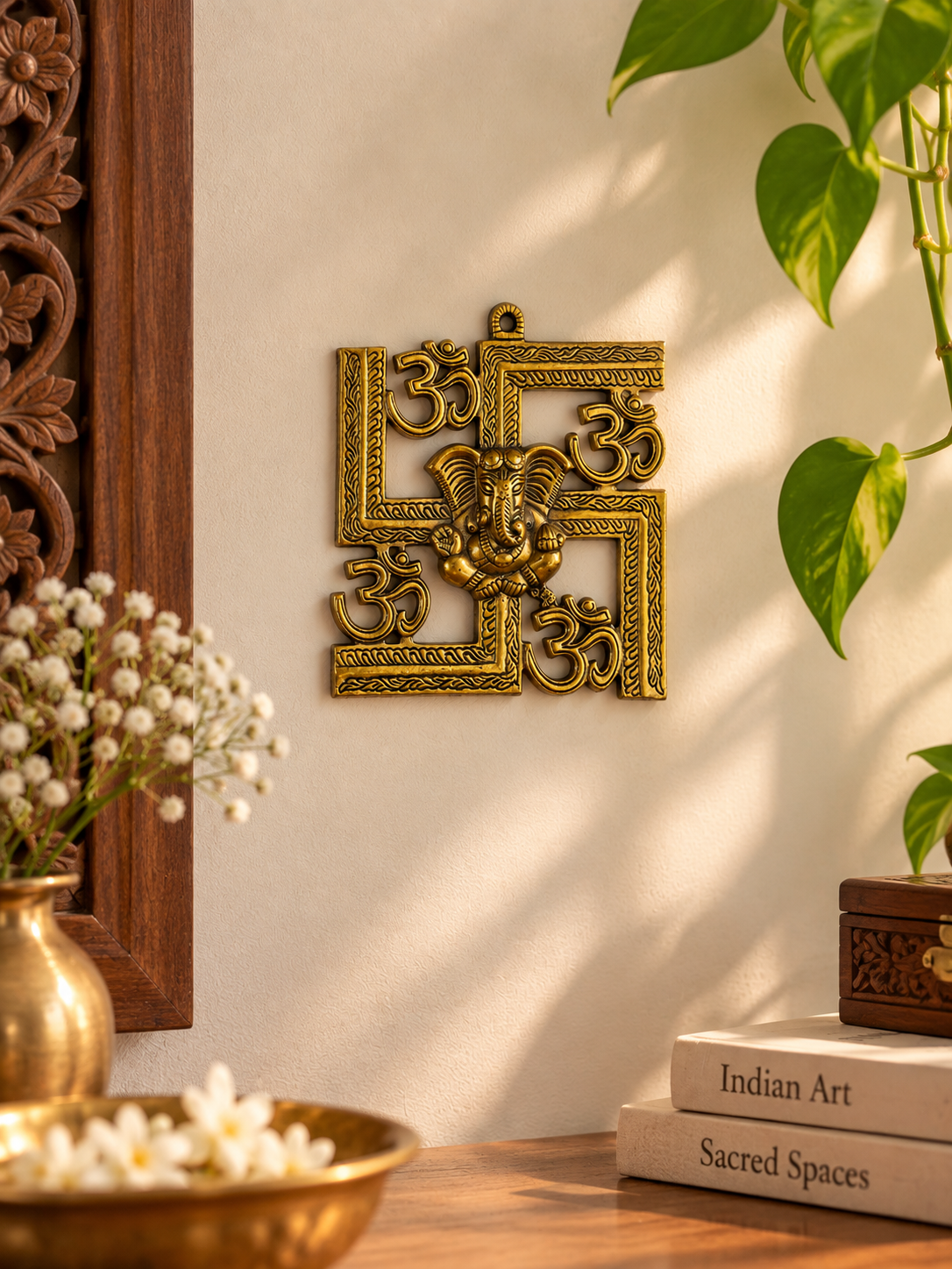 Divine Ganesha & Om Wall Hanging – Antique Gold Auspicious Décor