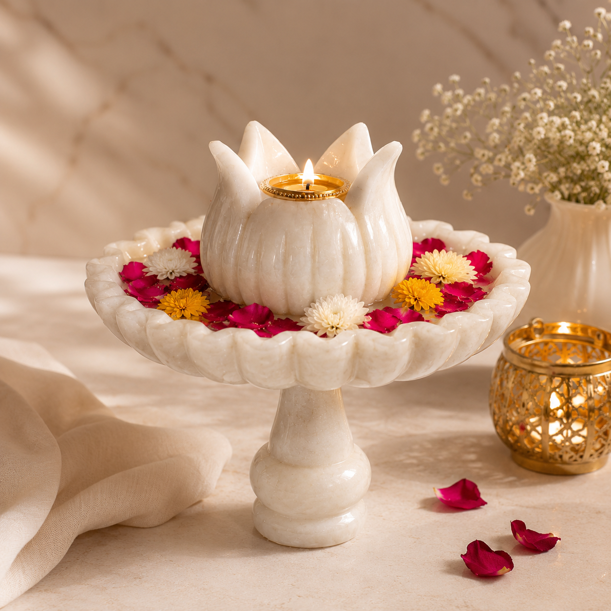 Luxury White Marble Lotus Urli Bowl with Pedestal Stand – Floating Candle & Flower Centerpiece for Elegant Home Décor