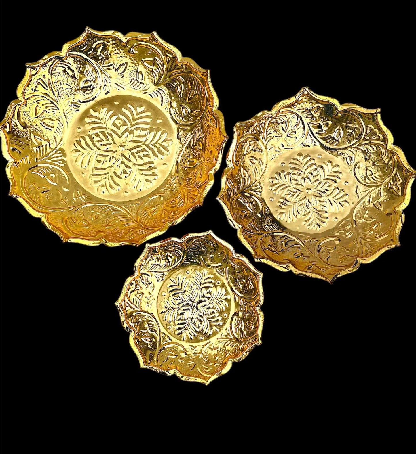 Embossed Lotus Shape Decorative Bowl (Urli) Set of 3 (10, 12, and 14 inches) Diwali Diya bowl, Indian wedding