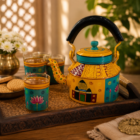 Royal Indian Folk Art Tea Kettle & 6 Glass Set with Handcrafted Wooden Serving Tray