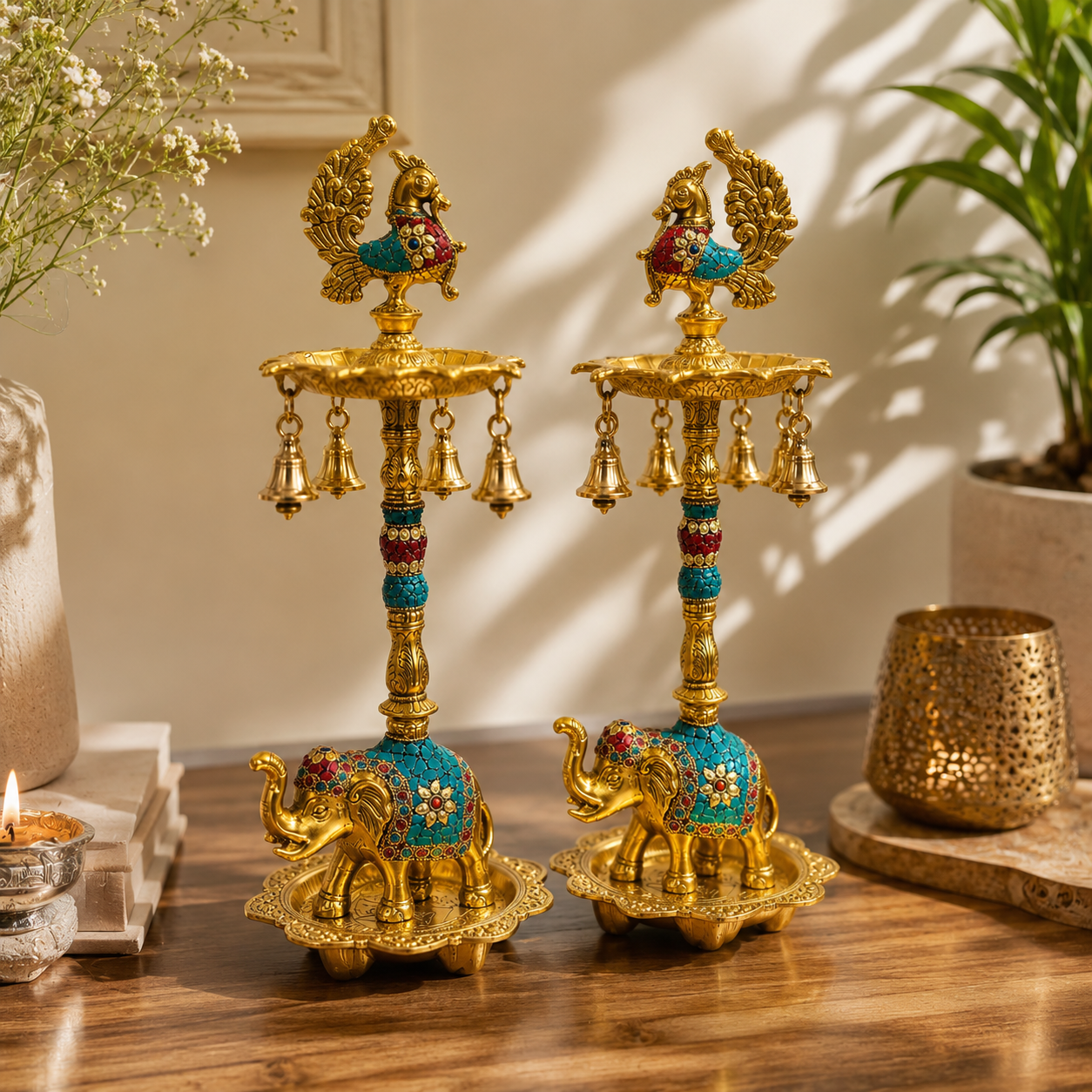 German Silver Hand-Engraved Peacock Samai/Diya with Elephant Base & Brass-Plated Plate | Traditional Indian Oil Lamp. Set of 2