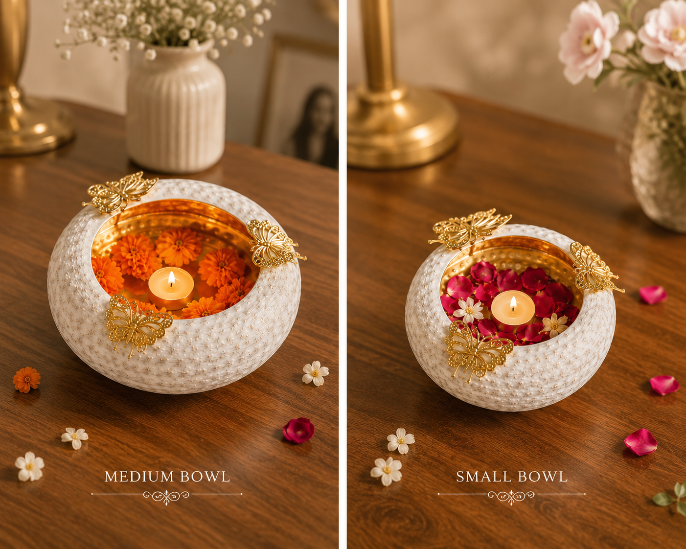Handcrafted White & Gold Floating Flower & Candle Centerpieces