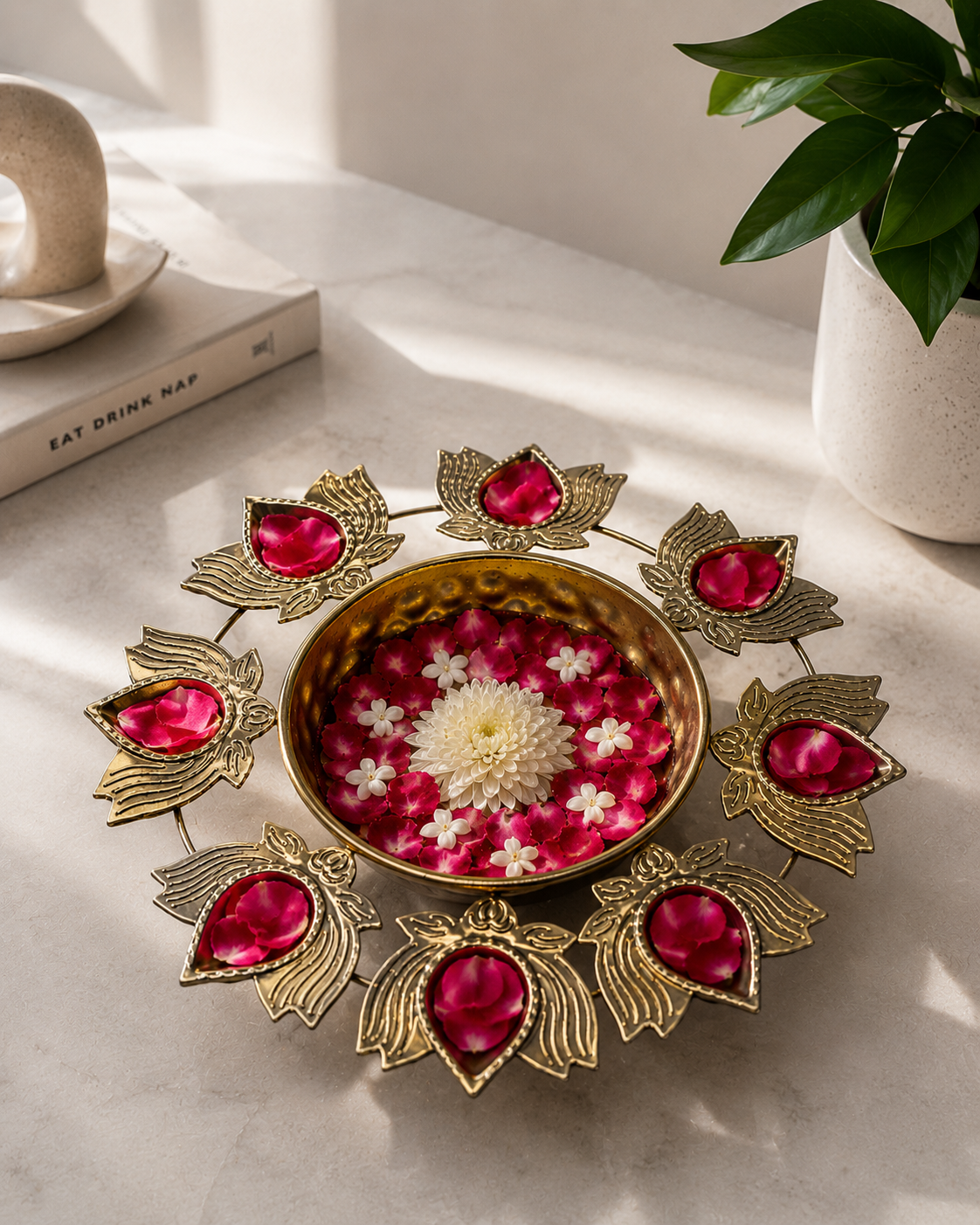 Golden Lotus Diya Urli Centerpiece with 8 Tealight Holders