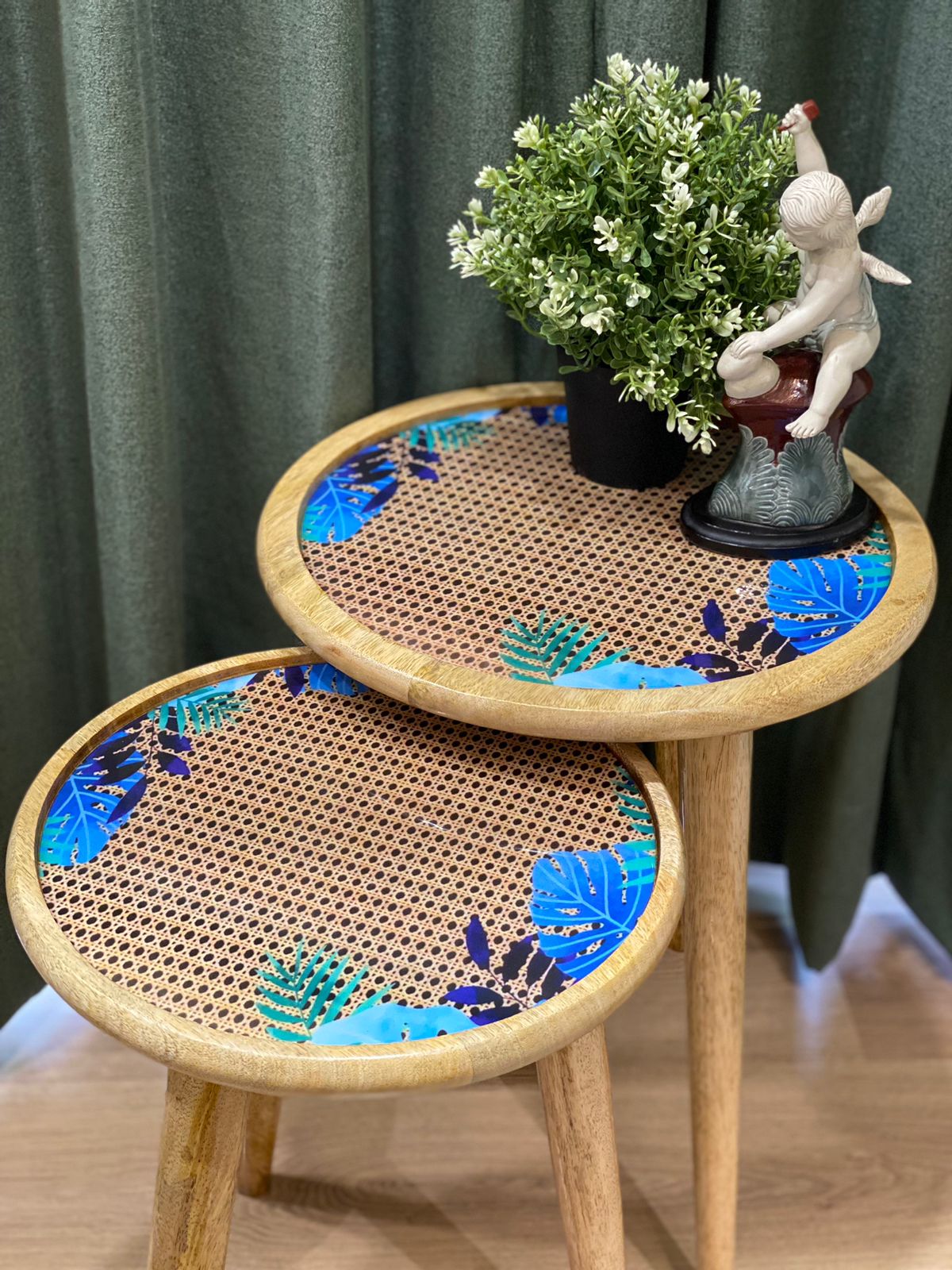 Hand crafter mangowood Printed side tables. Set of 2.