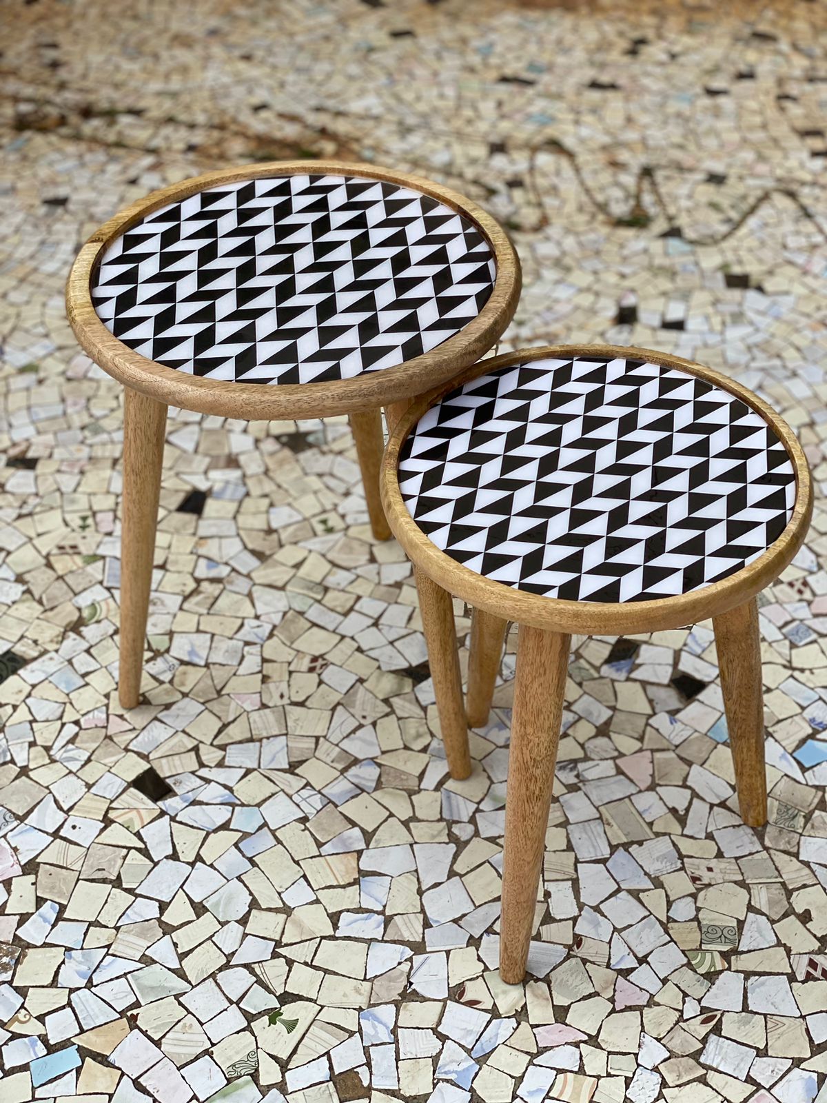 Hand crafted mangowood printed side tables. Set of 2.