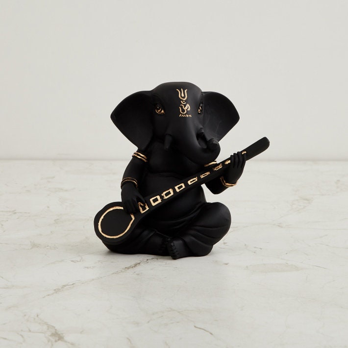 Black Ganesha with Sitar Figurine