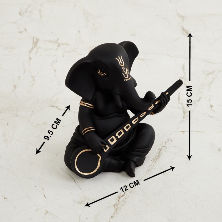 Black Ganesha with Sitar Figurine