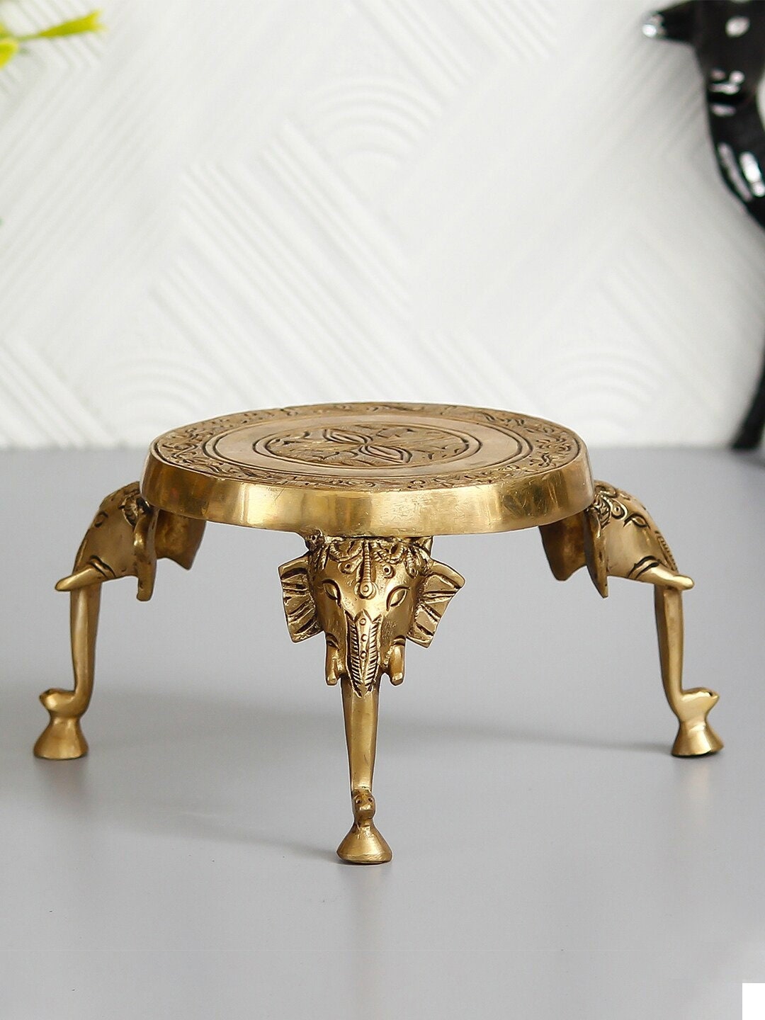 Gold-Toned Stool with Elephant Design Legs Showpiece