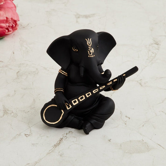 Black Ganesha with Sitar Figurine