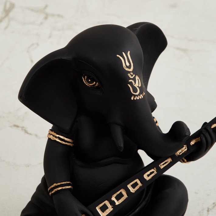 Black Ganesha with Sitar Figurine