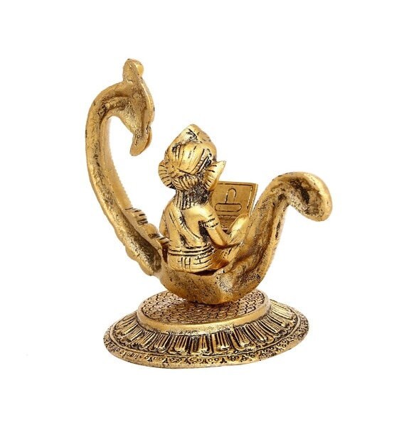 Antique golden aluminium metal Lord Ganesha reading Ramayana Statue Seated