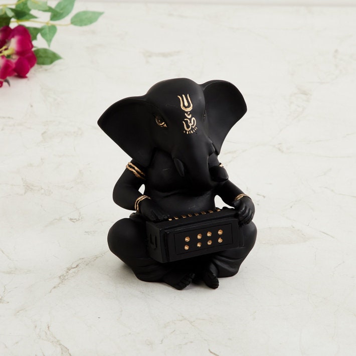 Black Ganesha With Harmonium Figurine