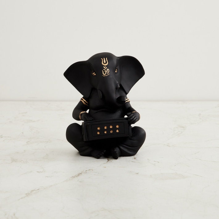 Black Ganesha With Harmonium Figurine