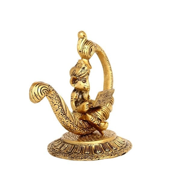 Antique golden aluminium metal Lord Ganesha reading Ramayana Statue Seated