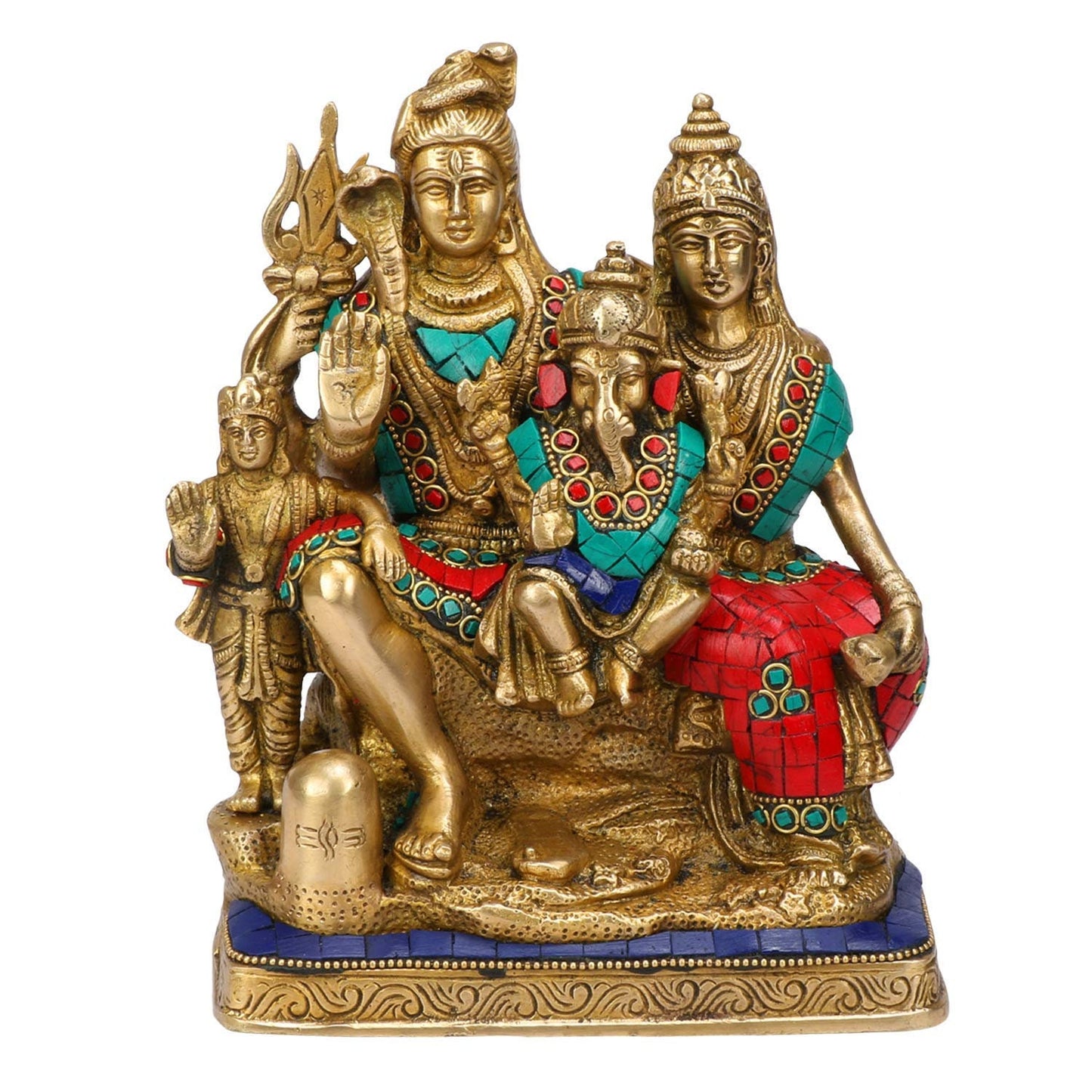 Brass Lord Shiva, Parvati, Kartikeya and Ganesha Idol - Shiv Family Parivar Idol - With stonework