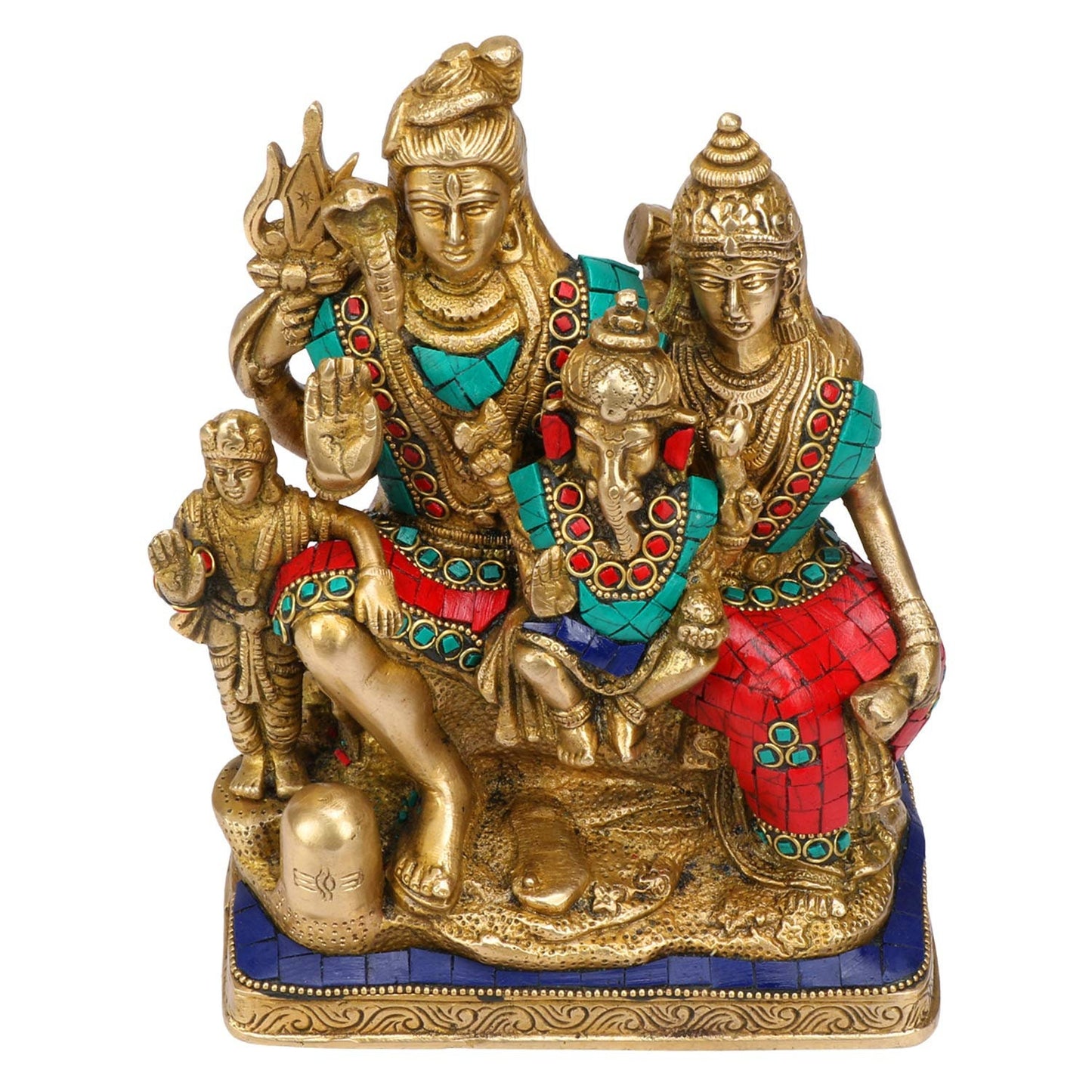 Brass Lord Shiva, Parvati, Kartikeya and Ganesha Idol - Shiv Family Parivar Idol - With stonework