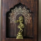 Handcrafted Brass Krishna playing flute on walnut finish solid wood, Prabhavali frame, wall hanging