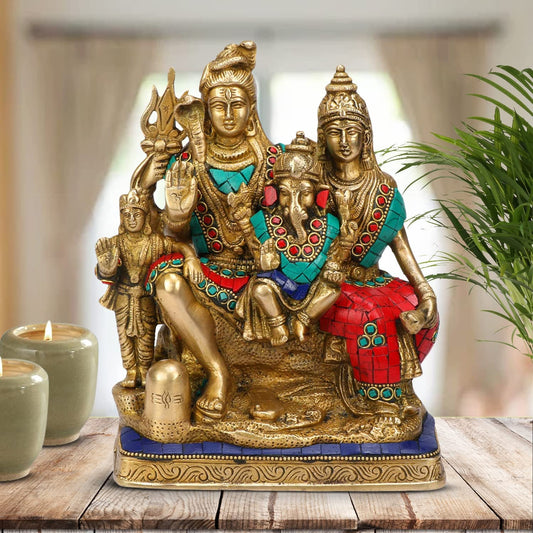 Brass Lord Shiva, Parvati, Kartikeya and Ganesha Idol - Shiv Family Parivar Idol - With stonework