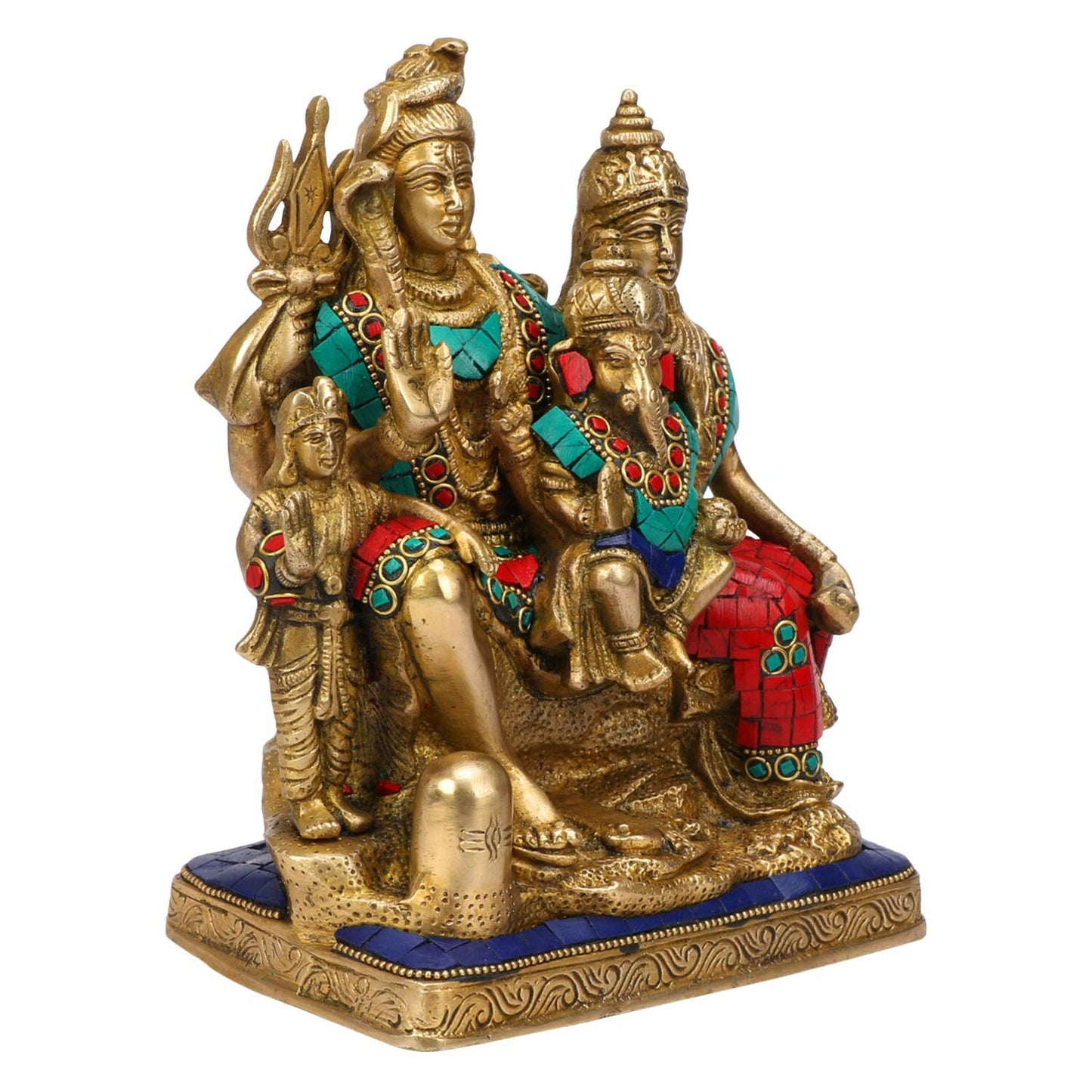 Brass Lord Shiva, Parvati, Kartikeya and Ganesha Idol - Shiv Family Parivar Idol - With stonework