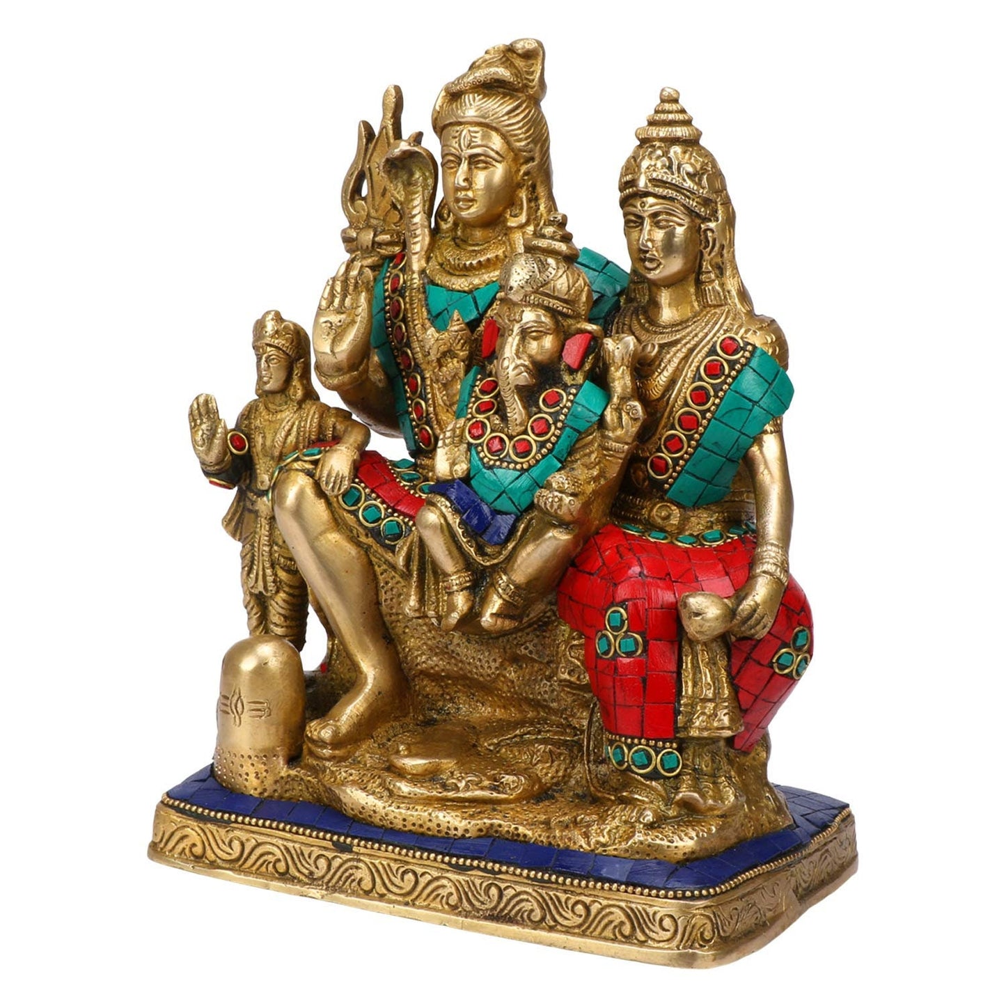 Brass Lord Shiva, Parvati, Kartikeya and Ganesha Idol - Shiv Family Parivar Idol - With stonework