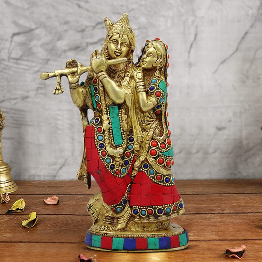 Radha Krishna Brass with Multicolor Gemstone Handwork Statue 8 inches