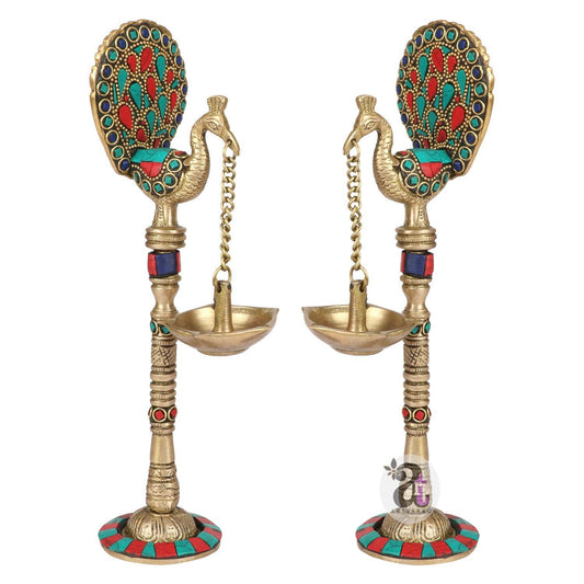 Brass Pair of Bird Peacock Hanging Chain Diya Oil Lamp Stand, 9 Inches