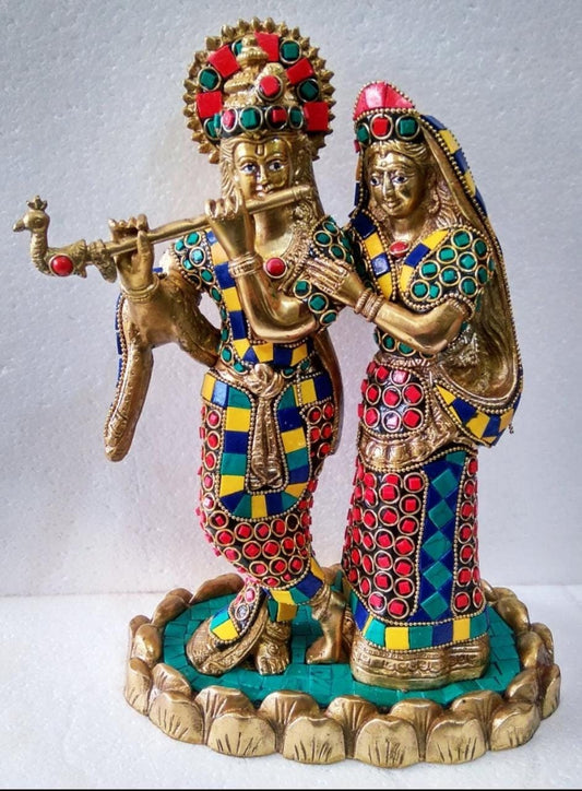 Brass Radha Krishan idol with coloured stones